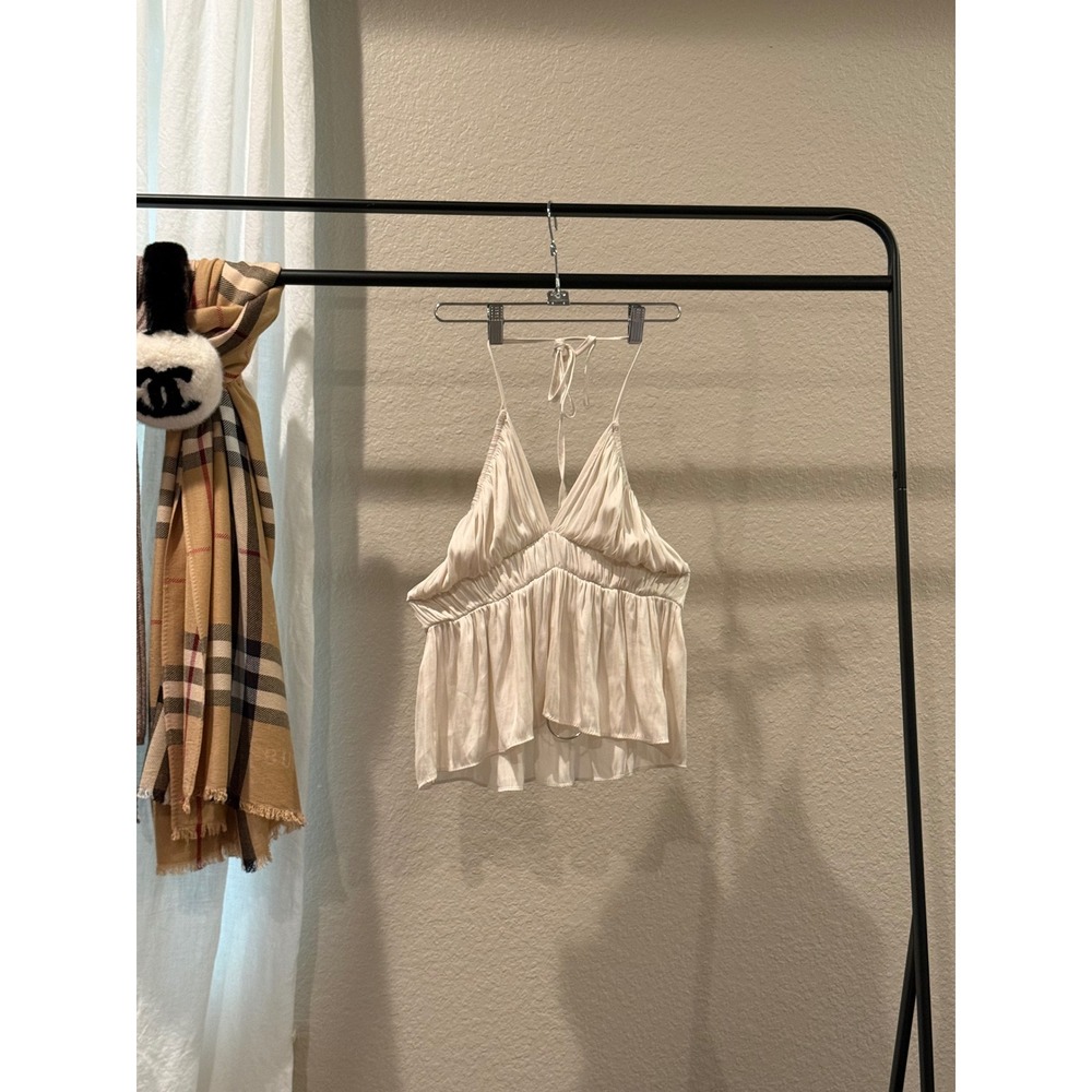 DO+BE Womens Cream Halter Peplum Top Smocked V-Neck Sleeveless Blouse Small